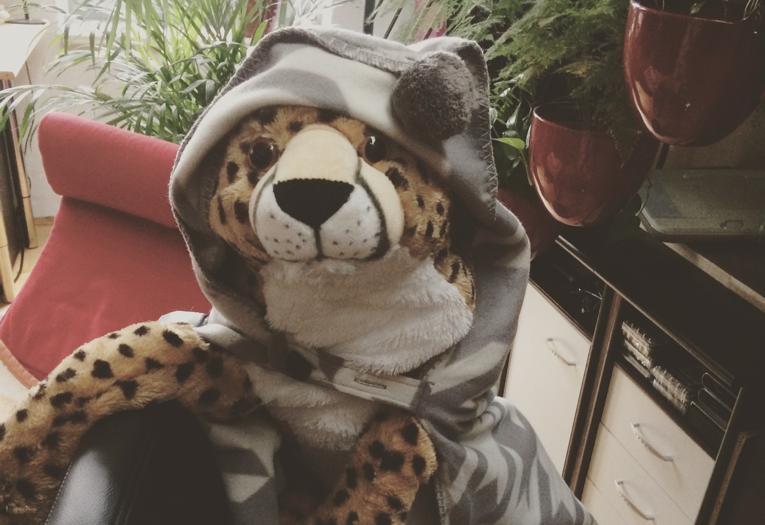 A large cheetah soft toy is covered in a blanket in a crowded living room