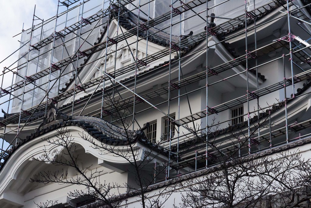 Iga Castle in Japan is covered in scaffolding while it is being renovated.