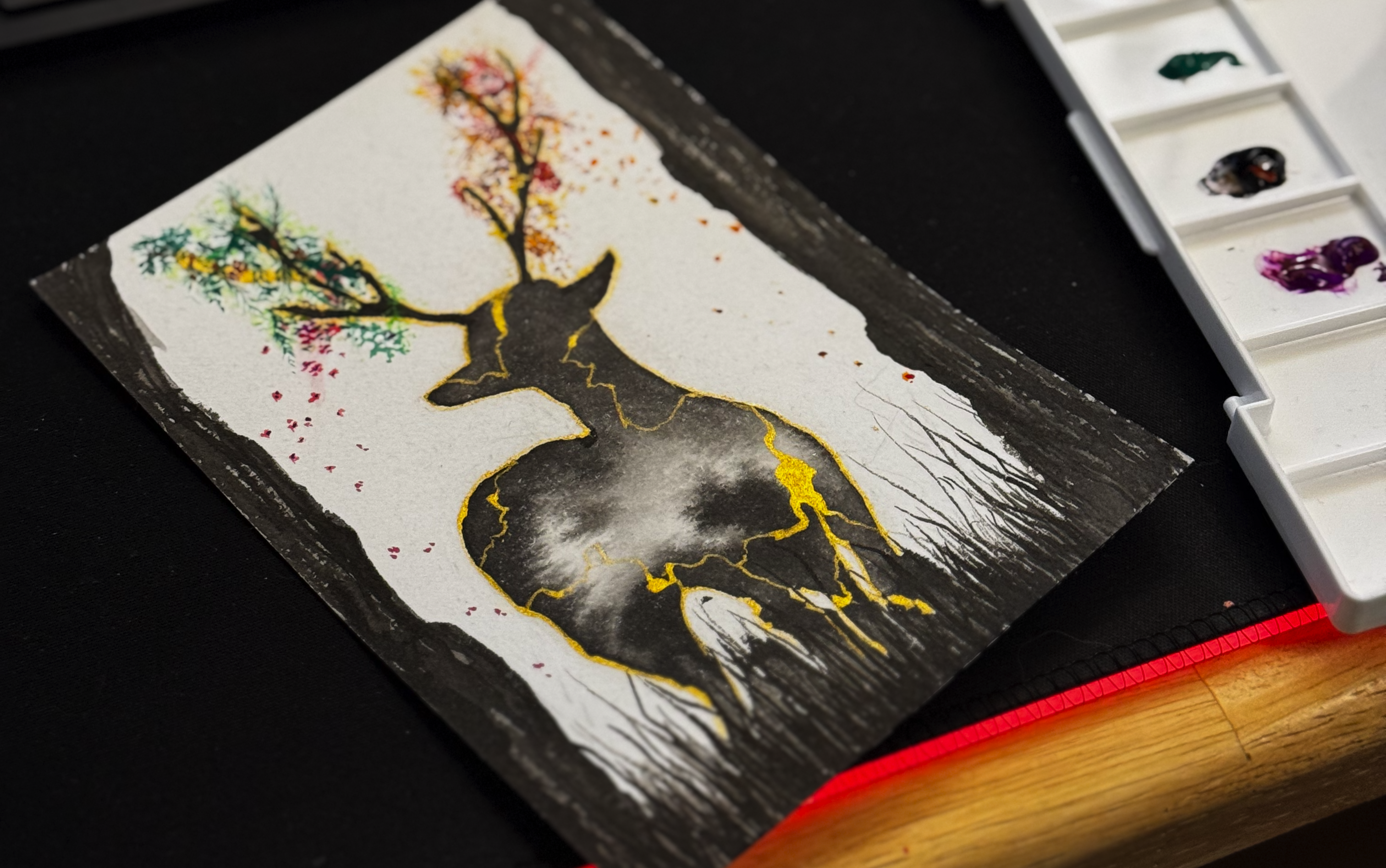 Seasons Turn - an original kintsugi ink painting of a deer with spring and autumn on its antlers
