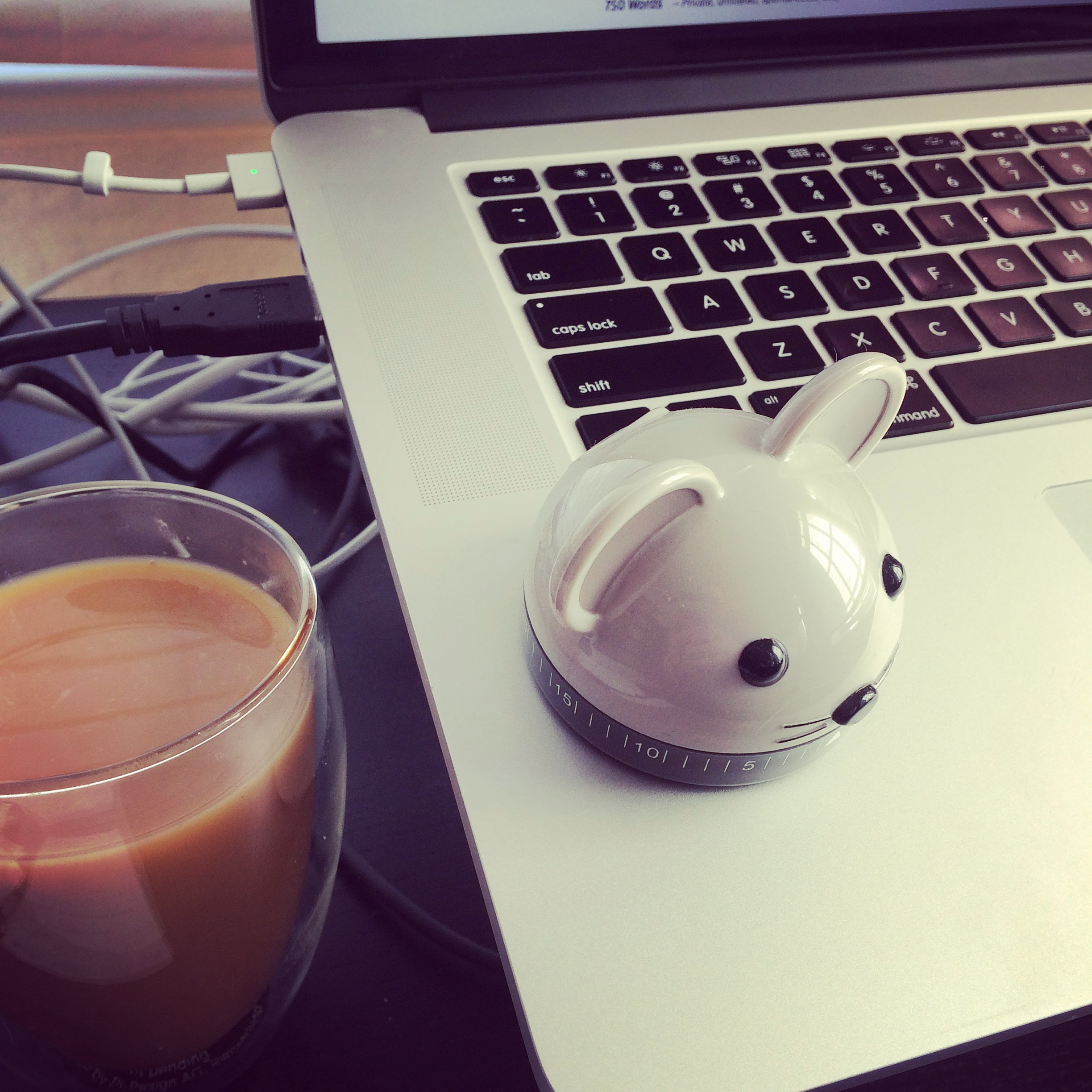 A wind-up manual timer in the shape of a grey mouse sits on the metal case of a laptop with a cup of tea nearby