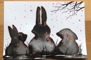 An ink and acrylic painting in the kintsugi rabbit series, commemorating the year of the rabbit