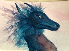 A watercolour dragon painted by Kym on a postcard